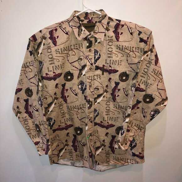 Magellan Mens Large Beige Fish Printed Long Sleeve Button Up Collar Shirt Size L - Picture 3 of 10